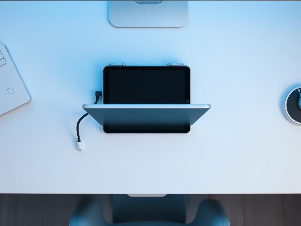 Vista superior del soporte de mostrador con cable management