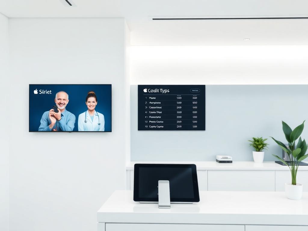 Consultorio con pantalla de turnos y tablet de staff
