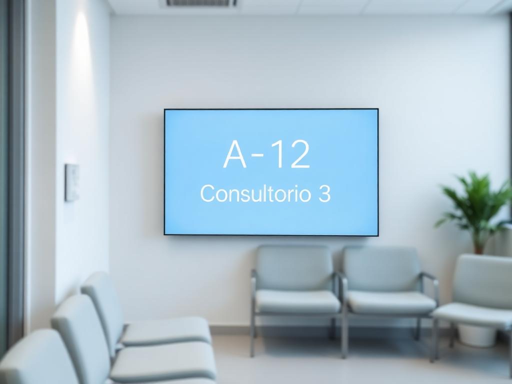 Pantalla de sala de espera mostrando turno y consultorio